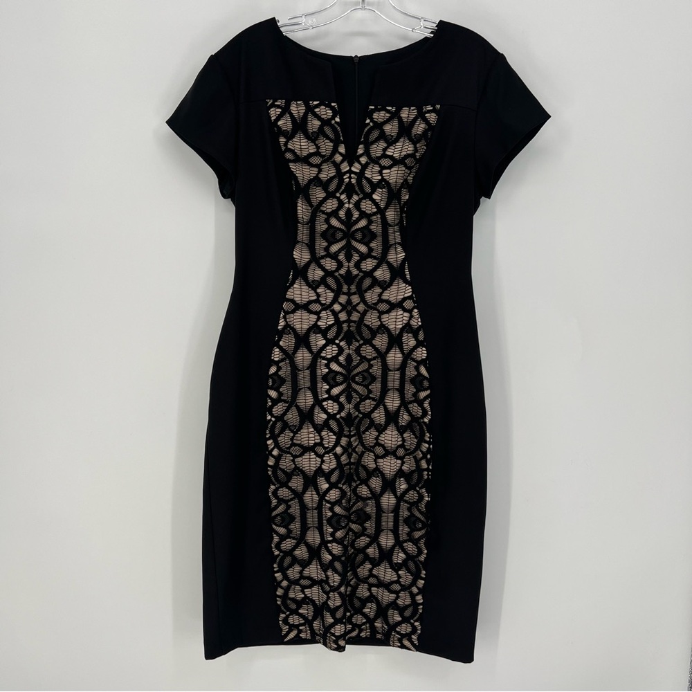 Connected Apparel Womens Dress Size 10 Black And Tan/ Lace Overlay Short Sleeve